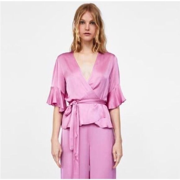 Zara Satin V-Neck Bell Short Sleeve Snap Front‎ Wrap Blouse Pink Size XS NWT - Picture 1 of 8